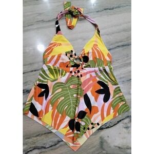 Bar III Ring Tie Halter Tankini Top Tropical Small NWT